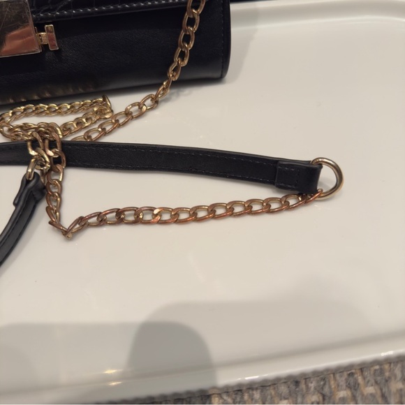 Mistique Black and Gold Fo-Croc-Embossed Wallet Clutch with Chain Detail - Picture 2 of 8